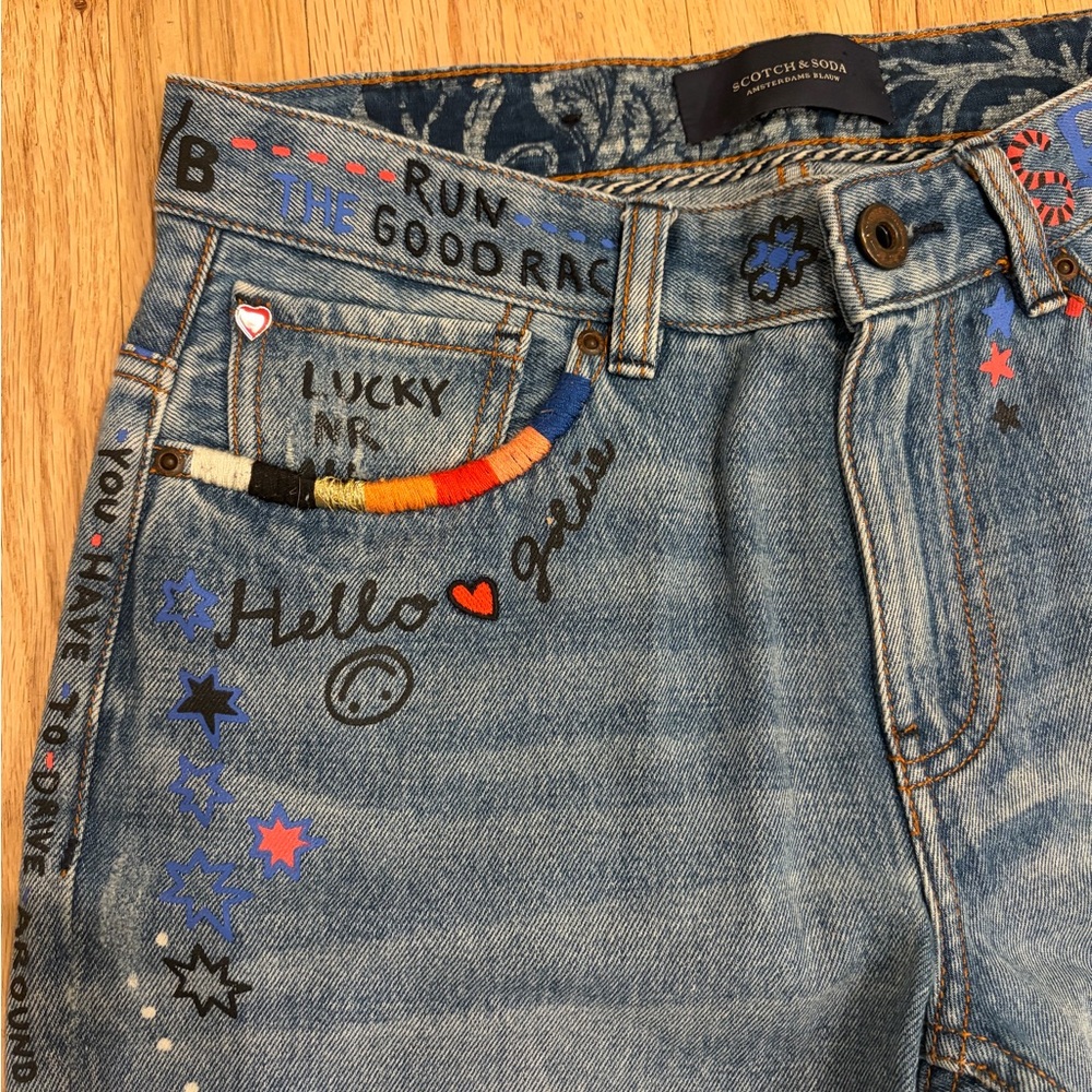 Rare: Scotch & Soda Amsterdams Blauw Graffiti / Embellished Jeans Size 25 / 32